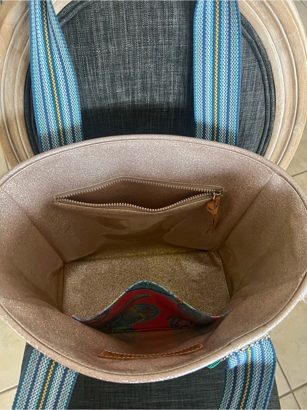 Consuela Striped Tote in White, Blue, Orange, Tan with Tassel Charm - Picture 4 of 5